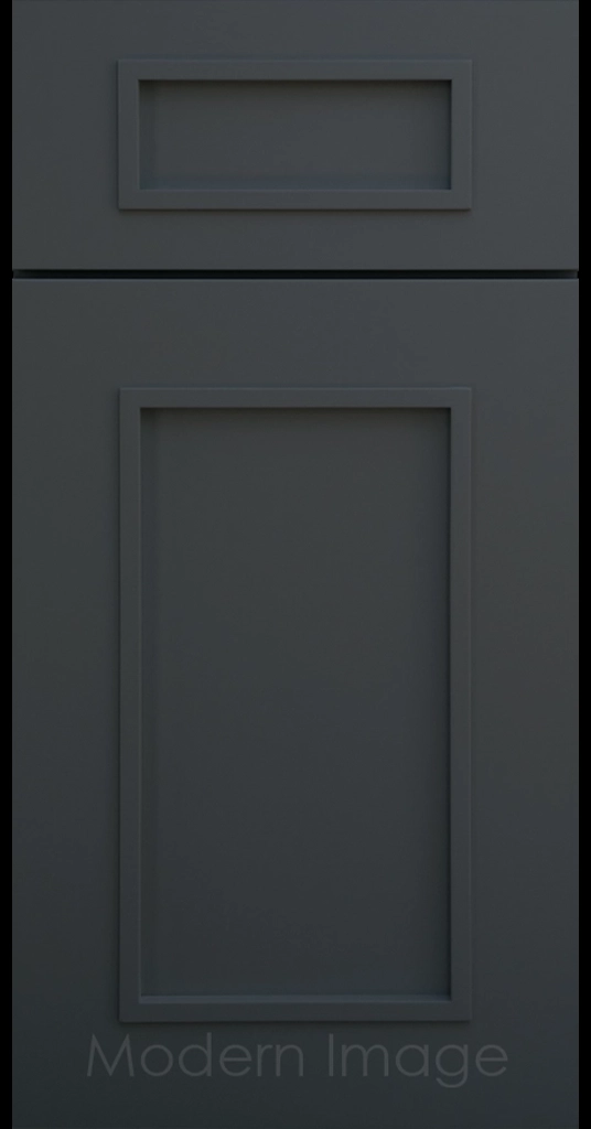Gilbert cabinet a recessed flat panel and elevated molding in Sea matte finish.